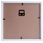Back panel of a rectangular photo frame with MDF backing, black corner clips, and a wall-mount hook in the center.