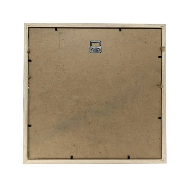 Back panel of a square wooden photo frame with an MDF backing and wall hanging hardware in the center.