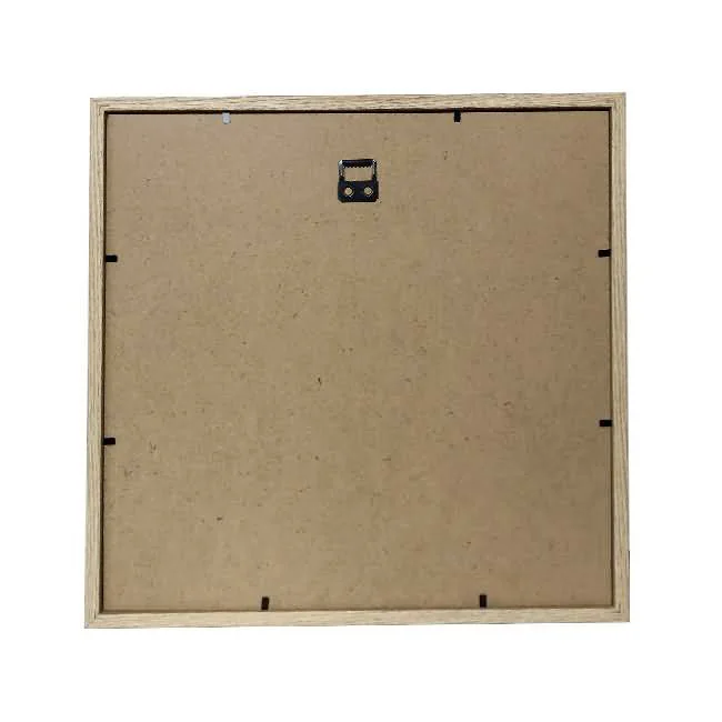 Rear view of a square wooden photo frame showing the MDF backing and hanging hardware for wall mounting.