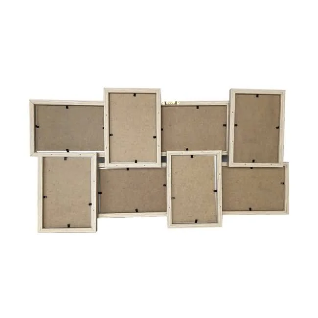 A multi-photo collage frame with eight rectangular sections for pictures, designed in a neutral-tone MDF material.