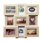 Collage-style wooden photo frame featuring nine sections with different photos, including nature scenes, text, and artwork.
