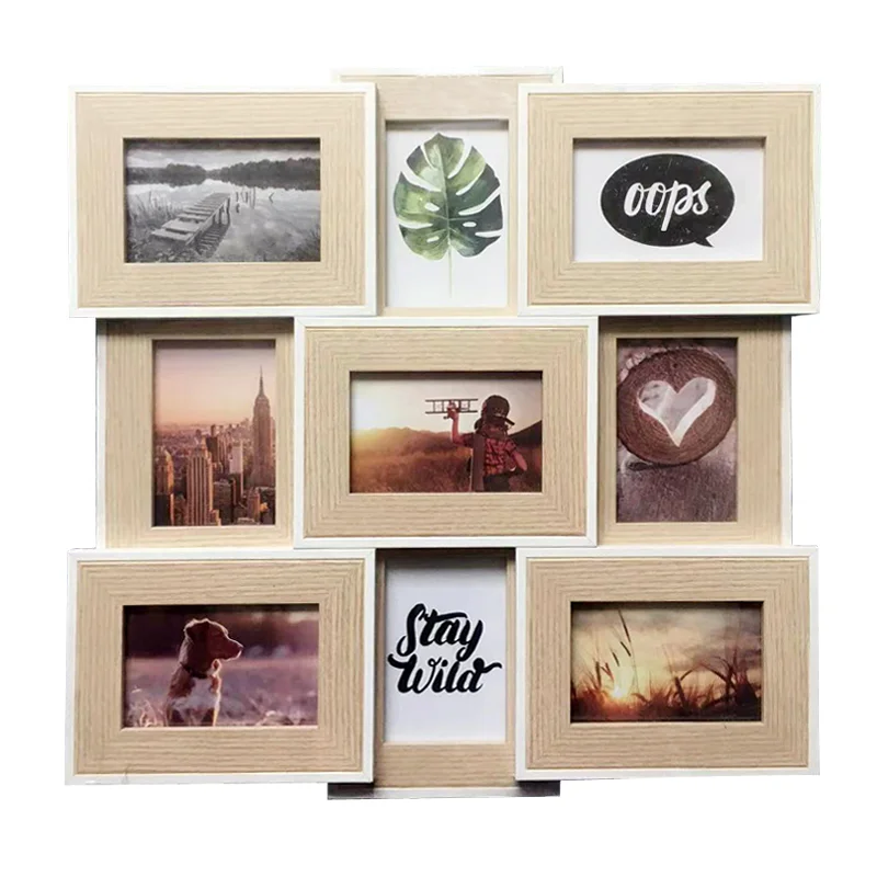 Collage-style wooden photo frame featuring nine sections with different photos, including nature scenes, text, and artwork.