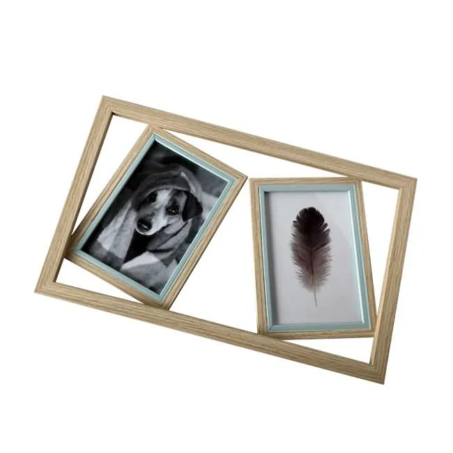 Dual photo frame with angled layout, containing a black-and-white photo of a dog and an image of a feather on a plain background.