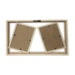 Dual wooden photo frame featuring two adjustable sections with backboard clips and hooks for mounting.