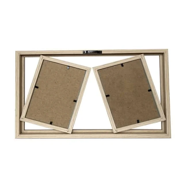 Dual wooden photo frame featuring two adjustable sections with backboard clips and hooks for mounting.