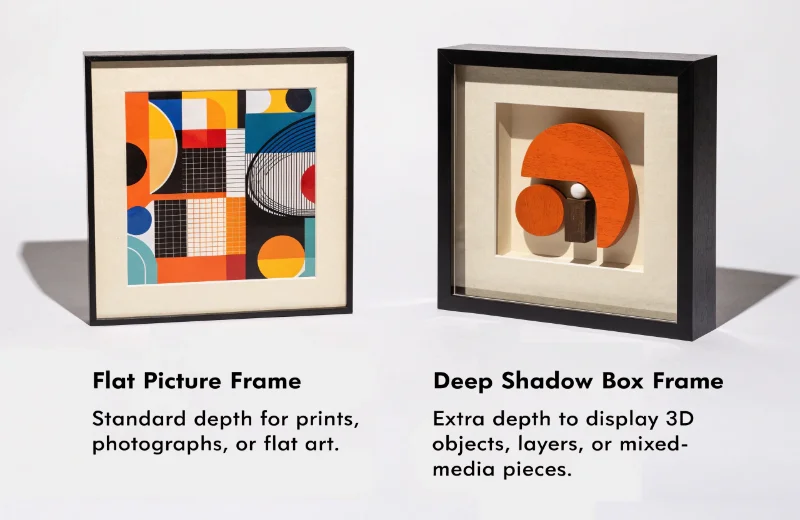 Shadow Box Frame vs Picture Frame A side-by-side comparison of a flat picture frame and a deep shadow box frame