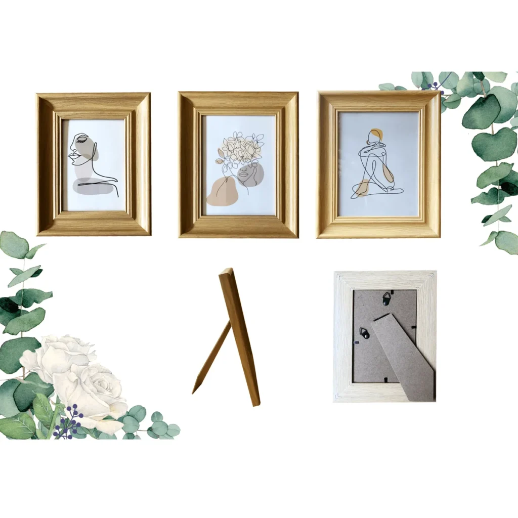Three gold-framed minimalist art pieces in a contemporary design, with a display easel and frame backing setup included.