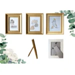 Three gold-framed minimalist art pieces in a contemporary design, with a display easel and frame backing setup included.
