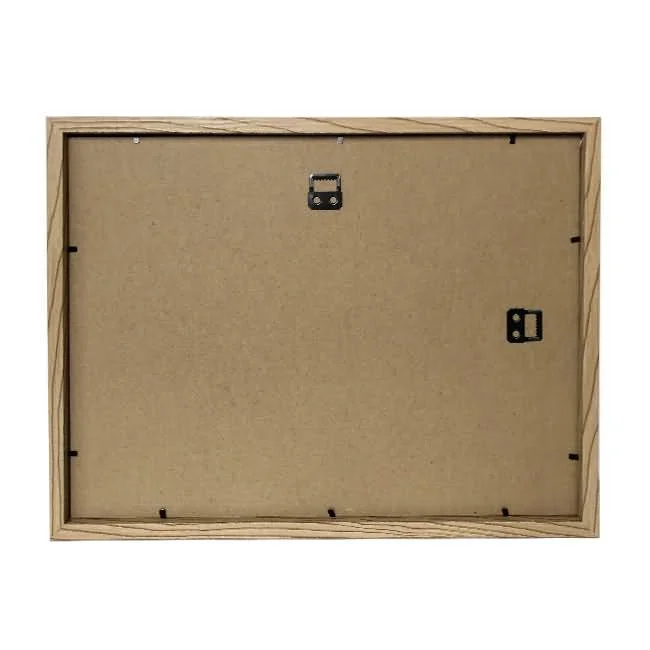 Rear view of a rectangular MDF wooden photo frame with wall-mount hardware and clip locks.