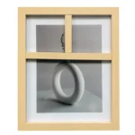 Natural wooden photo frame with a four-section collage layout displaying a minimalist art print, featuring a modern aesthetic.