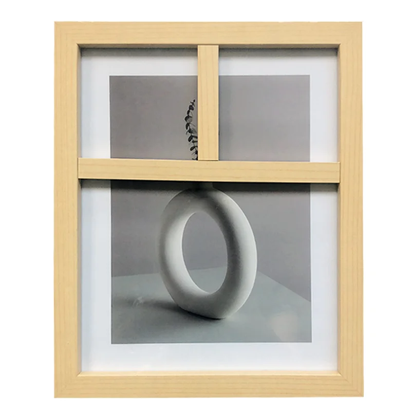 Natural wooden photo frame with a four-section collage layout displaying a minimalist art print, featuring a modern aesthetic.
