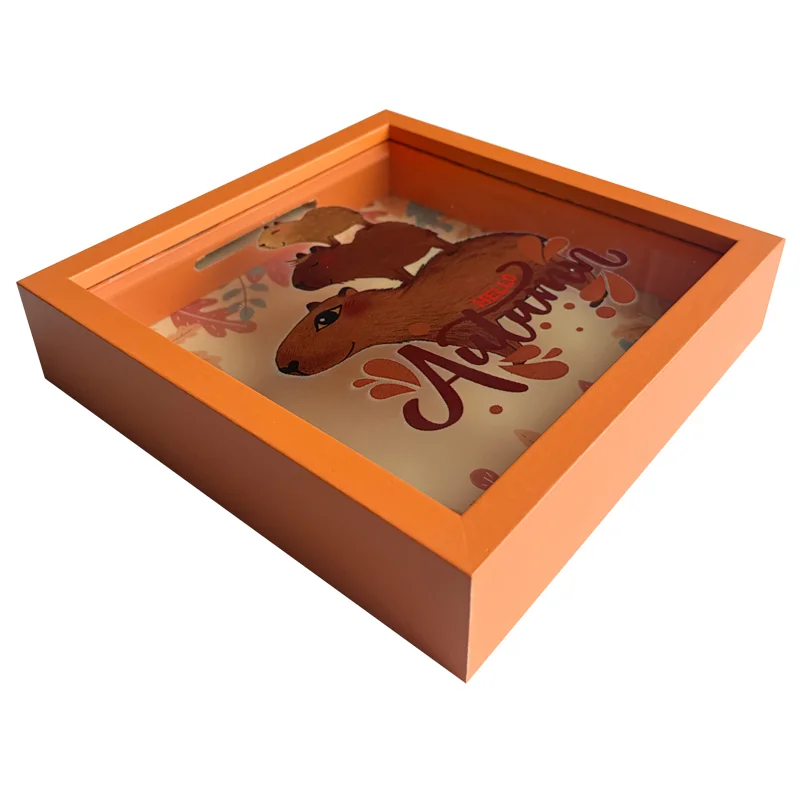Orange rectangular photo frame featuring a decorative 'Hello Autumn' design with illustrated animals and seasonal motifs.