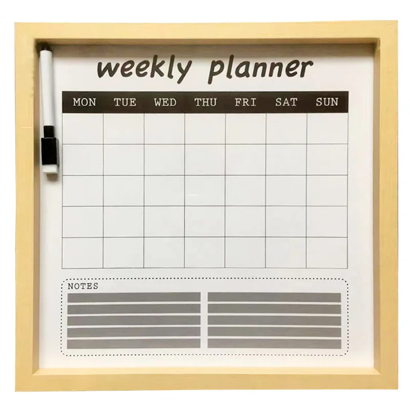 A weekly planner board with a wooden frame, days of the week printed at the top, a note section at the bottom, and a marker attached on the side.