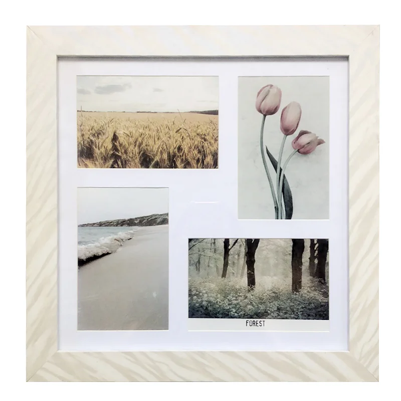 Square white collage photo frame featuring four sections displaying scenic photos of tulips, a wheat field, a snowy forest, and a beach.