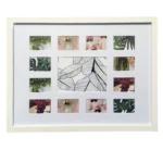 White rectangular photo frame featuring multiple collage slots with a central design of black leaf outlines and colorful images.