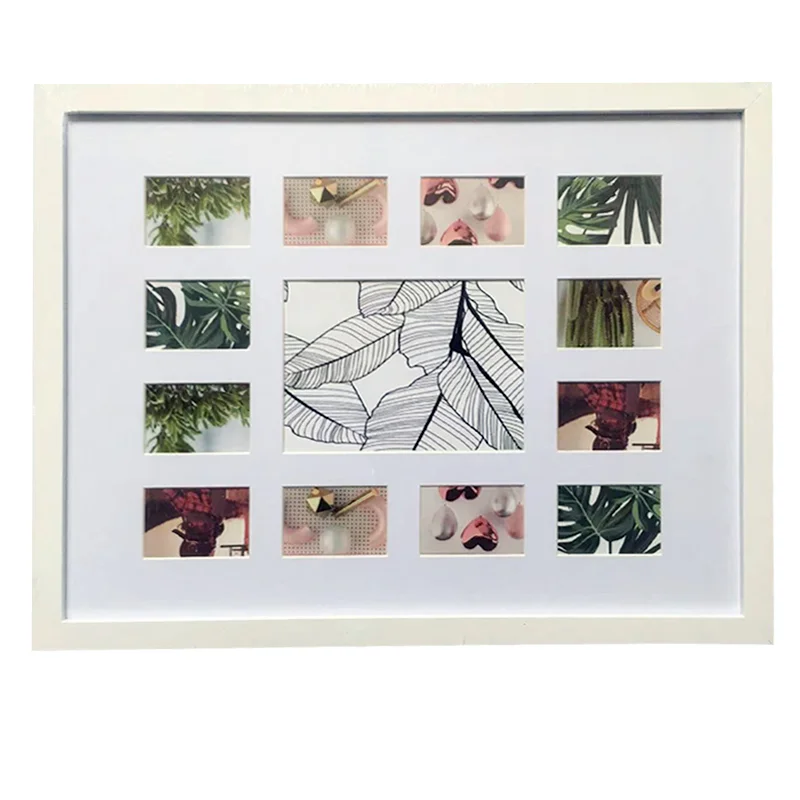 White rectangular photo frame featuring multiple collage slots with a central design of black leaf outlines and colorful images.