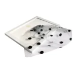 A white photo frame partially covered with black polka dot sheer fabric, displayed on a white background.
