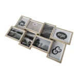 A wooden collage photo frame with multiple slots for black-and-white images and text, designed for wall decoration.