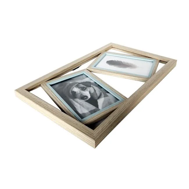 Natural wooden collage picture frame with two compartments, displaying a photo of a dog and an image of a feather, isolated on white.