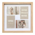 Square wooden collage photo frame featuring family photos and text phrases 'Home Sweet Home' and 'Family, home is where you are'.