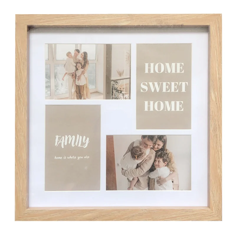Square wooden collage photo frame featuring family photos and text phrases 'Home Sweet Home' and 'Family, home is where you are'.