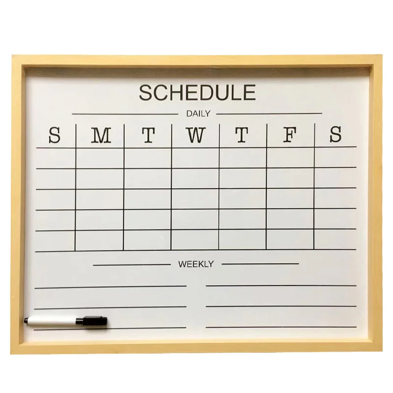 A wooden-framed white dry-erase board featuring a weekly schedule grid labeled Sunday to Saturday with space for daily and weekly notes. Includes an attached black marker.
