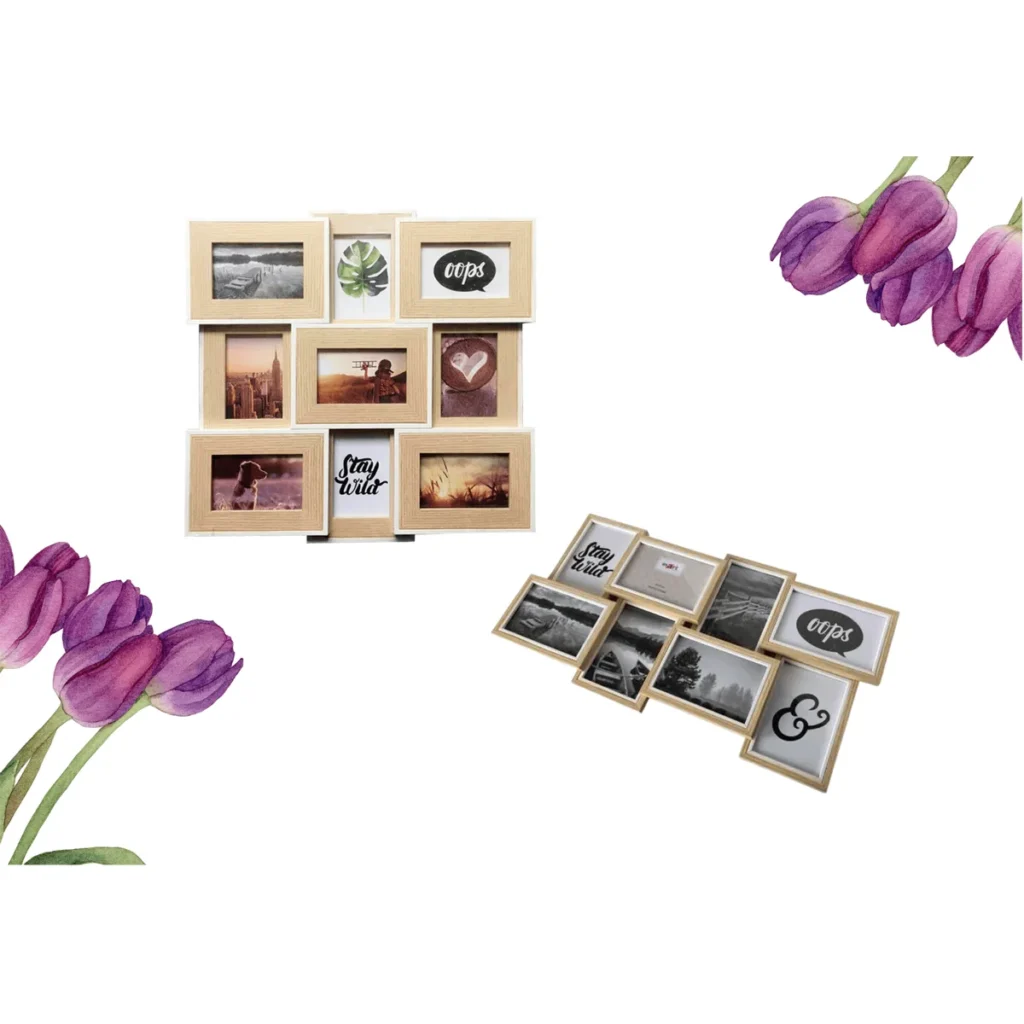Wooden multi-photo frame collage for displaying multiple images, accompanied by purple tulip artwork for decoration.