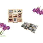 Wooden multi-photo frame collage for displaying multiple images, accompanied by purple tulip artwork for decoration.