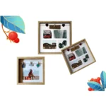 Set of wooden photo collage frames with decorative accents, featuring 'Home' text, heart details, and mini clothespin displays.