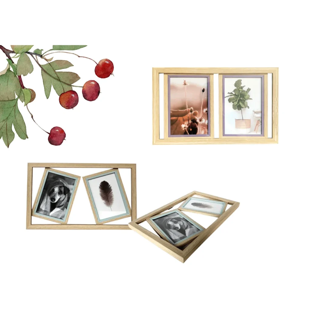 A wooden photo frame collage featuring two displayed layouts, one with two portrait images and the other featuring a single feather and a dog photo. Surrounding elements include illustration of red berries and green leaves.