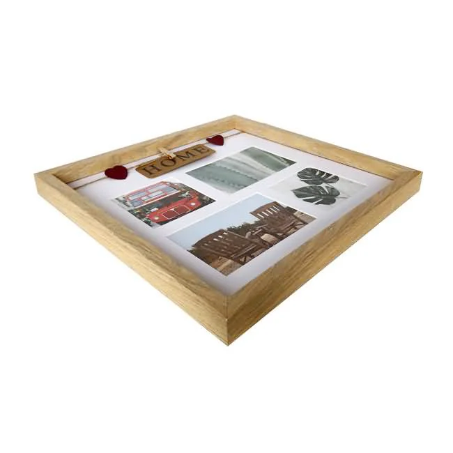 Light brown wooden photo frame with a collage of four images, two red heart accents, and a 'HOME' decorative element.