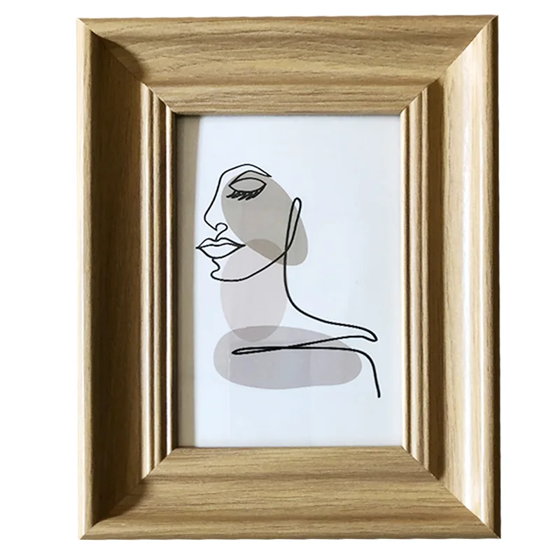 A wooden photo frame featuring minimalist line art of a woman's profile with neutral-toned abstract accents.