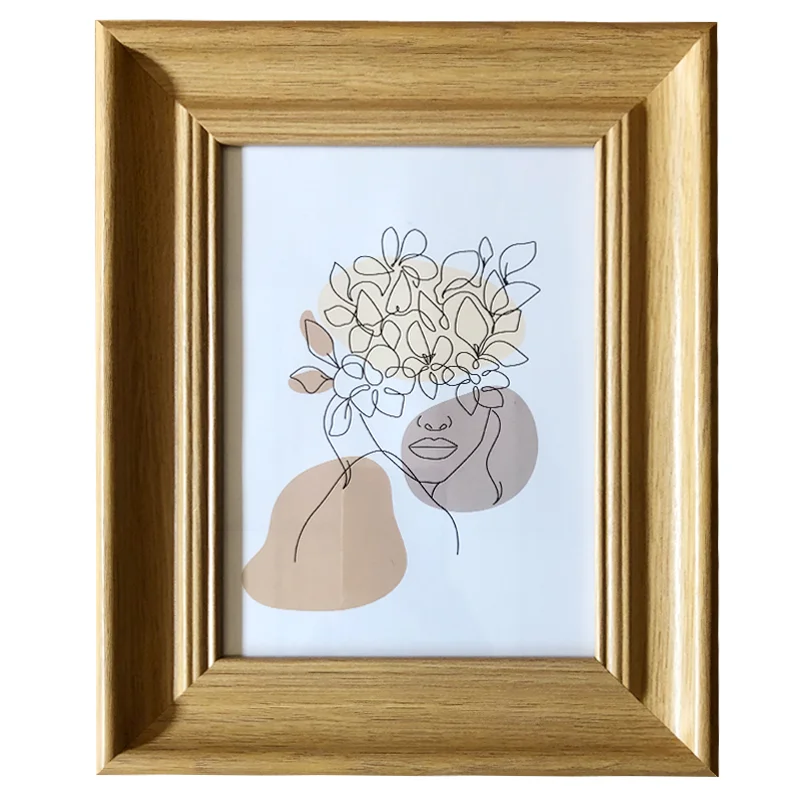 A wooden photo frame showcasing abstract line art of a face and flowers in soft neutral tones, perfect for home decor.