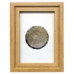 Wooden photo frame with natural wood finish showcasing an artistic tree ring print on a white background.