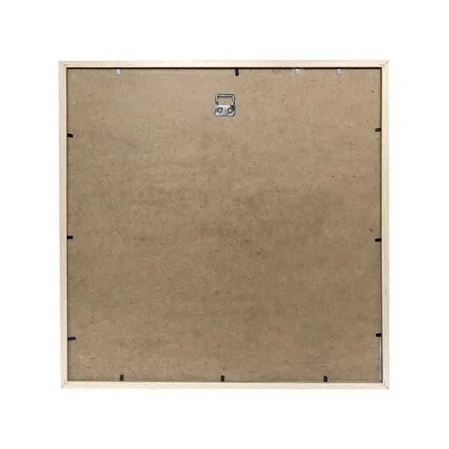 Back view of a square wooden photo frame featuring brown backing board, metal hanging hardware, and secure fasteners on a white background.