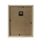 Rear view of a wooden photo frame with a brown finish, showcasing a mounting hook and sturdy backing for wall hanging.