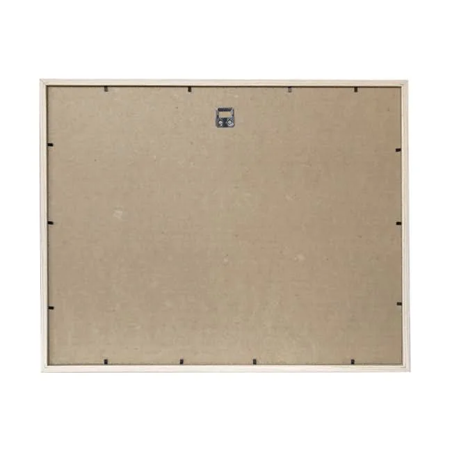 Rear view of a rectangular wooden photo frame with an MDF backing, hanging hook, and secure clips along the edges.