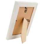 Back view of a rectangular wooden photo frame featuring a standing support and wall hooks for flexible display options.