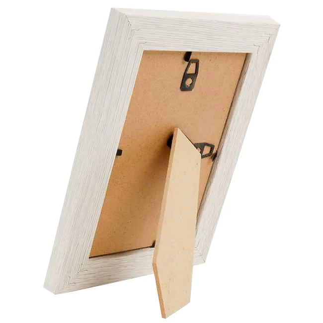 Back view of a rectangular wooden photo frame featuring a standing support and wall hooks for flexible display options.