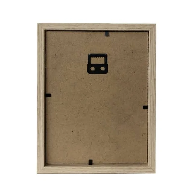 Rear view of a wooden photo frame with a brown finish, showcasing a mounting hook and sturdy backing for wall hanging.