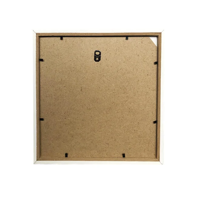 Back panel of a photo frame made of MDF, featuring a hanging hook and secure clips for photo placement.