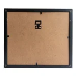 Rear view of a black photo frame with MDF back panel, a metal wall hanger, and corner fasteners for secure assembly.