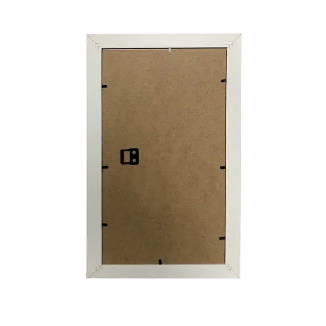 Rear view of a rectangular photo frame featuring a sturdy MDF back panel and hooks for wall mounting.