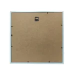 Back panel of a square photo frame featuring MDF material, metal hanging clip, and secure fasteners for mounting.