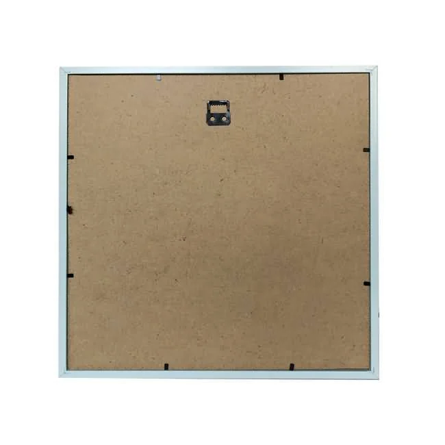 Back panel of a square photo frame featuring MDF material, metal hanging clip, and secure fasteners for mounting.