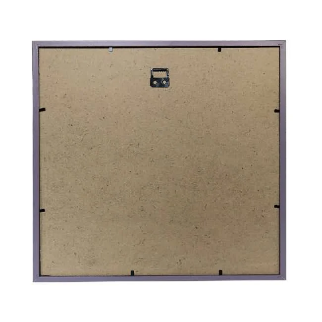 Back panel of a square photo frame featuring MDF backing, secure mounting clips, and a sawtooth wall hanger at the center.
