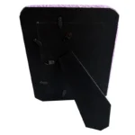 Black back panel of a photo frame featuring multiple mounting hooks and an adjustable stand.