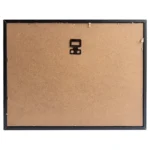 Back panel of a rectangular photo frame with brown MDF backboard and a metal hanging hook in the center, surrounded by a black frame.