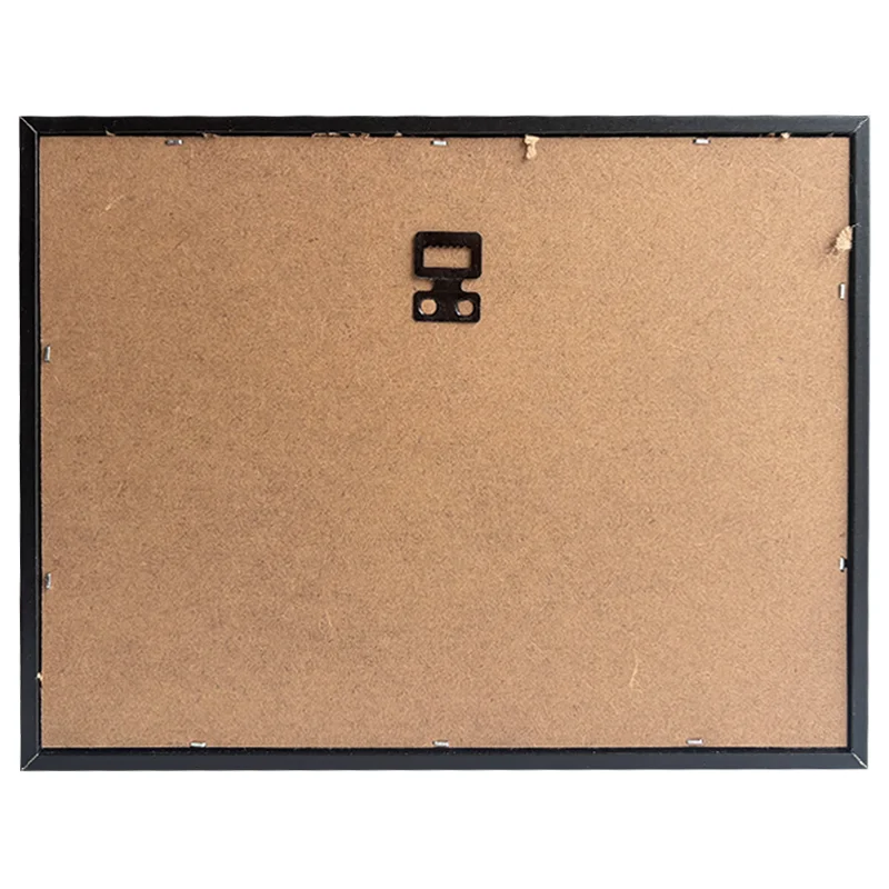 Back panel of a rectangular photo frame with brown MDF backboard and a metal hanging hook in the center, surrounded by a black frame.
