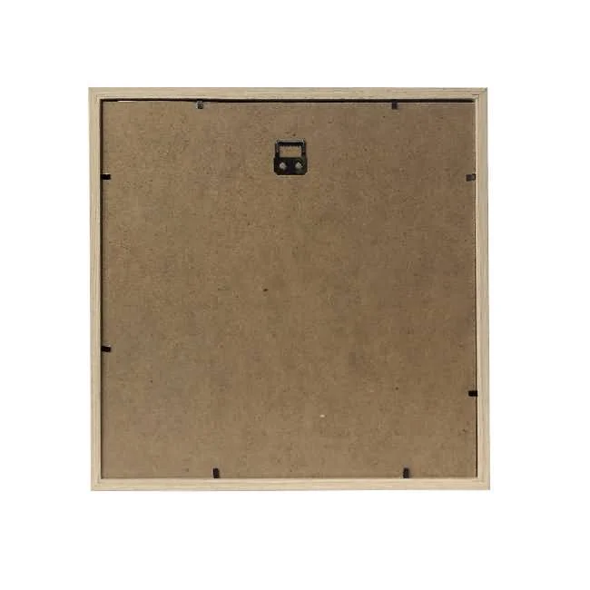 Rear view of a square wooden photo frame showing an MDF back panel with a mounting slot for wall hanging.